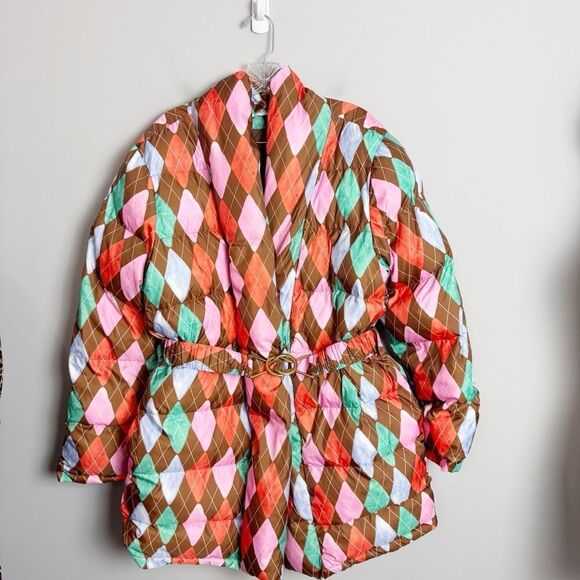 RACHEL ANTONOFF | Toni Belted Puffer Coat in Painted Argyle Women’s Size Large - Picture 2 of 8
